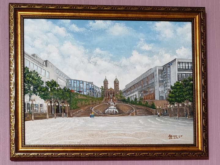 Schlossplatz, Pirmasens – Ölmalerei, gemälde, kunst, ölmalerei von Ewald Git