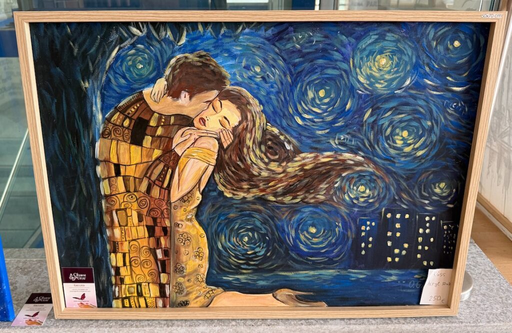 Acryl auf Leinwand „Kuss" Gustav Klimt, von Künstlerin Oksana Graf, Sterne nacht Van Gogh
