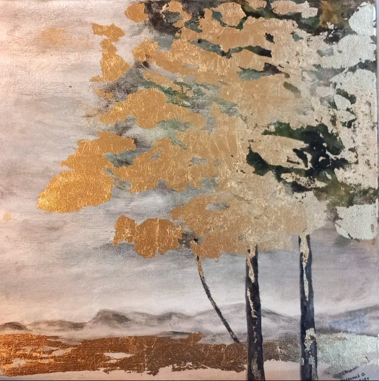 Acryl auf Leinwand 30×30 cm von Künstlerin Masoumeh Dizaji, landschaftmalerei , patina gold, abstrakt