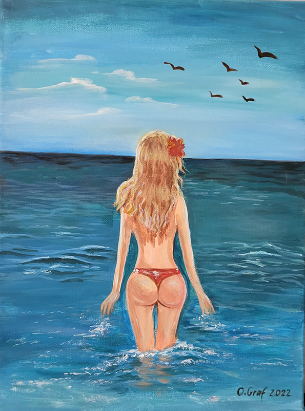 Acryl auf Leinwand, „Mädchen im Meer mit einer roten Blume im Haar" 30×40 cm.