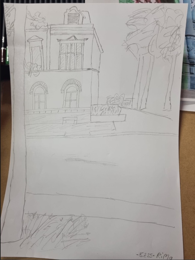 die Fassade des Gebäudes „Alten Post“ Pirmasens im Stil des „Urban Sketching“ mit Buntstiften auf Papier