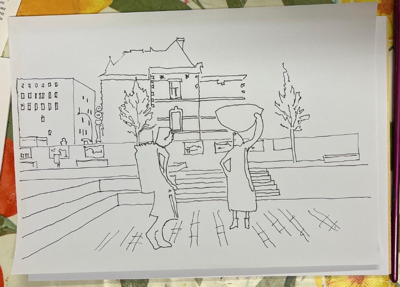 die Fassade des Gebäudes „Alten Post“ Pirmasens im Stil des „Urban Sketching“ mit Buntstiften auf Papier